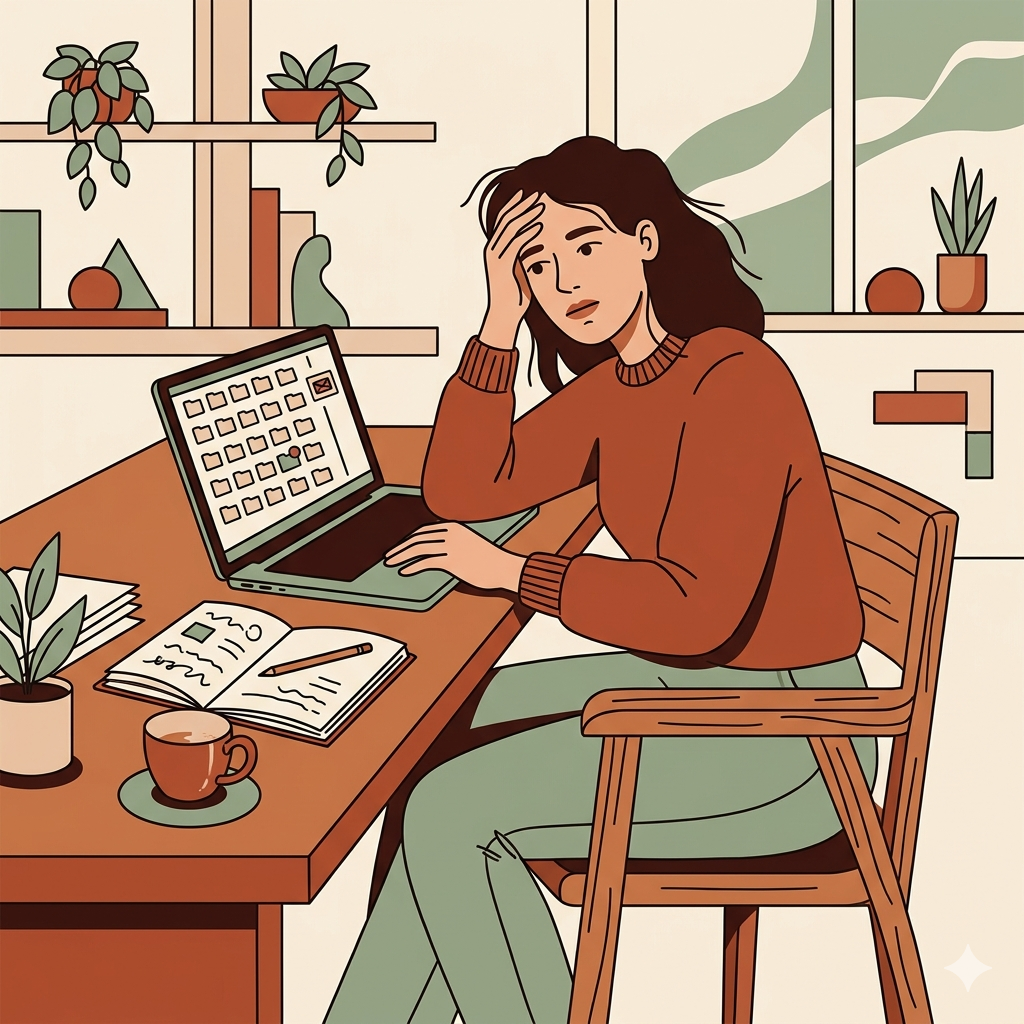 A woman alone at her desk, head in hand, calendar open on her laptop