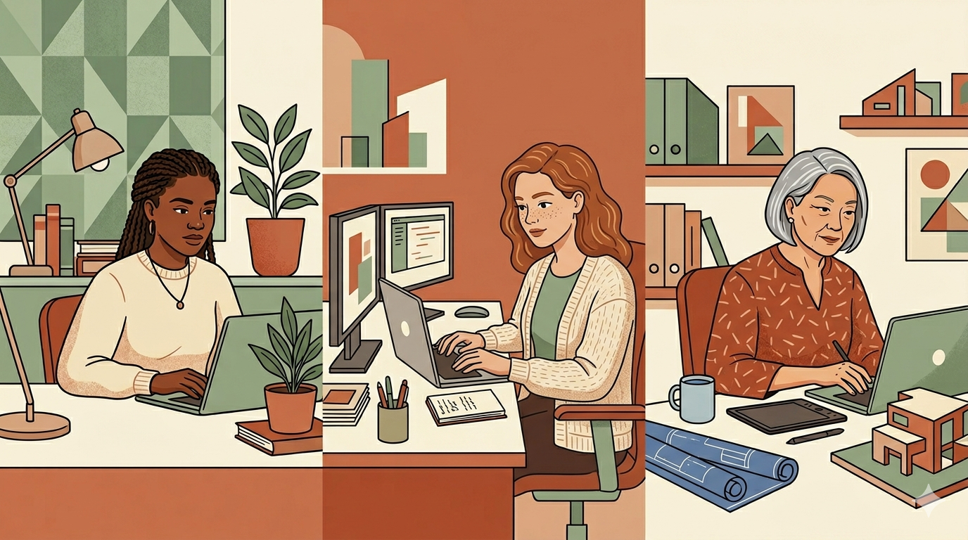 Three women working at three separate desks with laptops